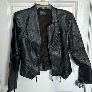 Black faux leather jacket.